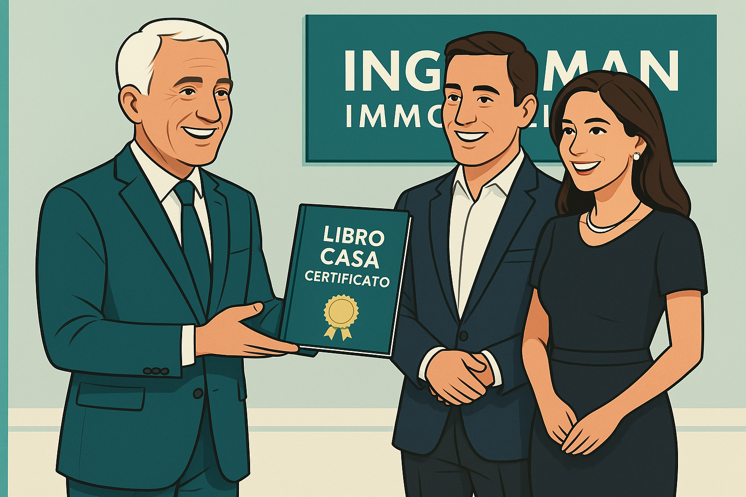 Agente immobiliare che consegna il 'Libro Casa Certificato' a una coppia di clienti eleganti e felici.