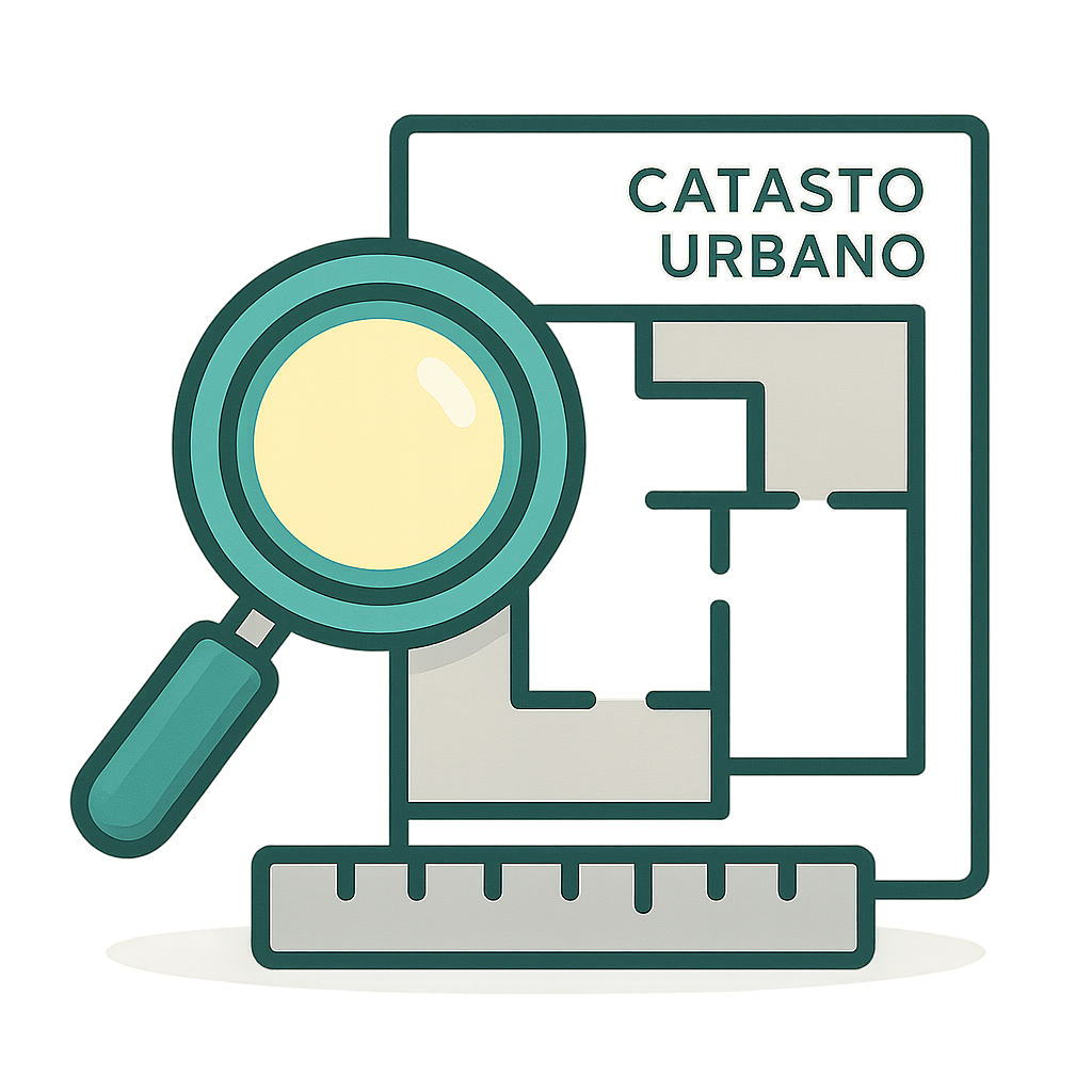 Classificazioni catastali: planimetria con righello e lente, dicitura Catasto Urbano
