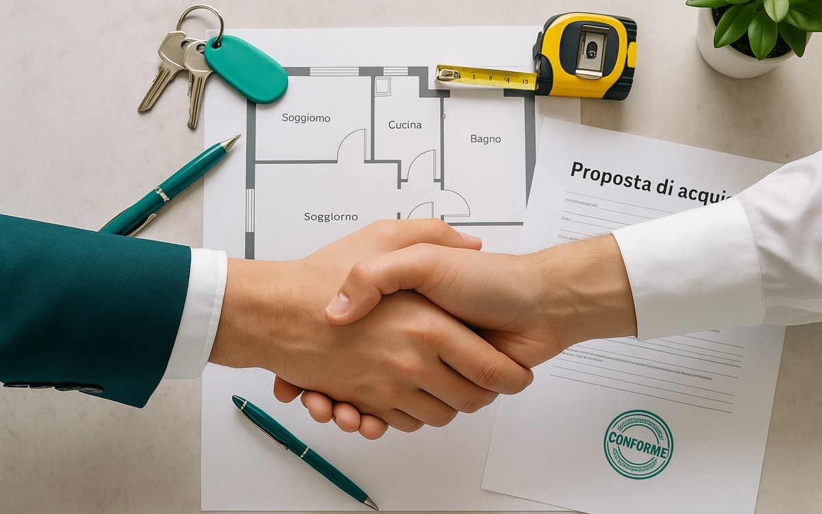 Stretta di mano su planimetria: proposta d’acquisto conforme